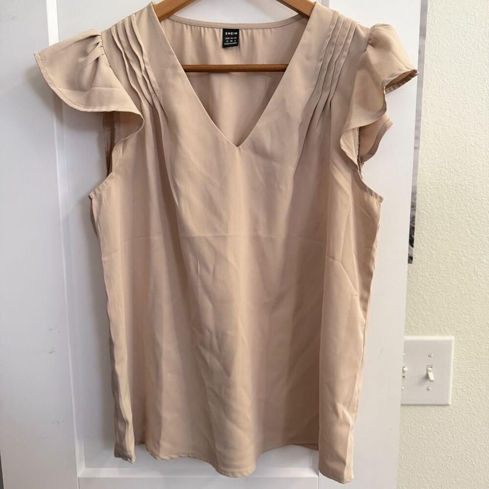SHEIN Beige Flutter Sleeve V-Neck Blouse‎ Top Size M Office Casual Professional